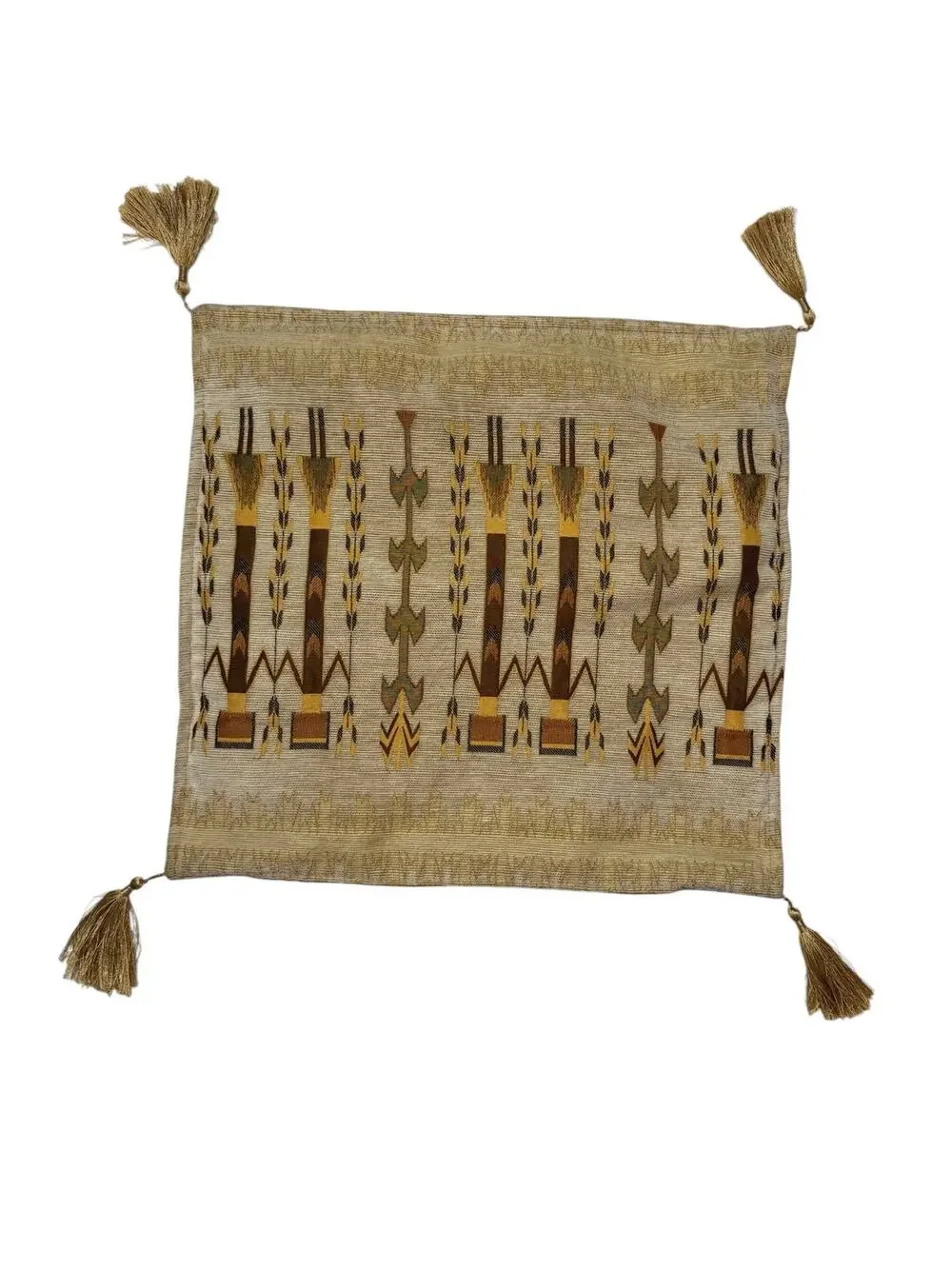 THE LOOM ALASKA Tan & Gold Embroidered Pillow Cover Square Corduroy Indigenous